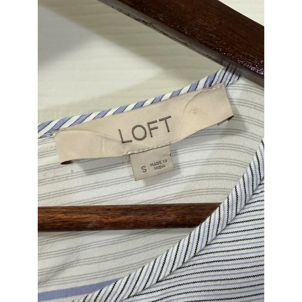 Loft Womens Blue White Striped Ruffle Sleeve Button Back Peplum Blouse Small - Picture 2 of 4